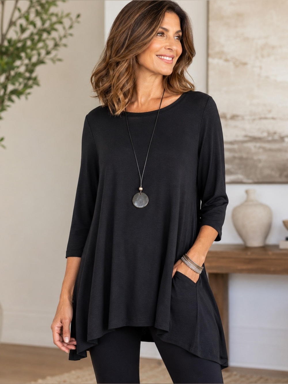 Comfy USA Women’s Black Swing Tunic Top L Made in USA 3/4 Sleeve Minimalist